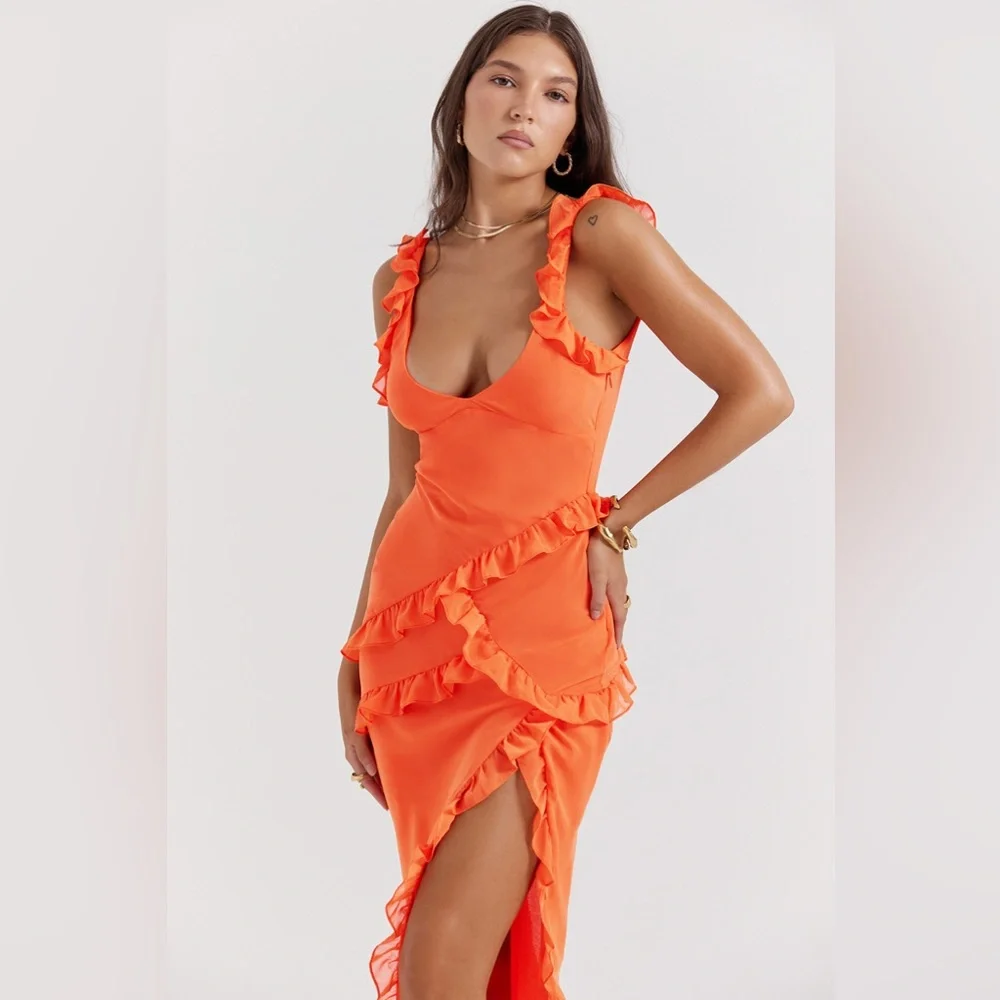 HOUSE OF CB 'Pixie' Flame Orange Ruffle Maxi Dress NWOT - Picture 10 of 16